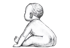 Illustration of a baby sitting on her bottom, looking straight ahead.