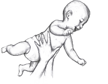 Adult hands holding a laughing baby up high.