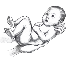 Baby cradled in gentle adult hands.