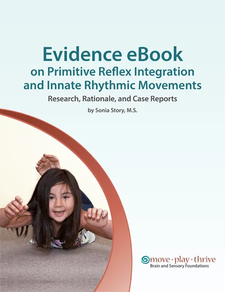 Graphic of eBook cover, Text: Evidence eBook on Primitive Reflex Integration and Innate Rhythmic Movements. Research, Rationale, and Case Reports